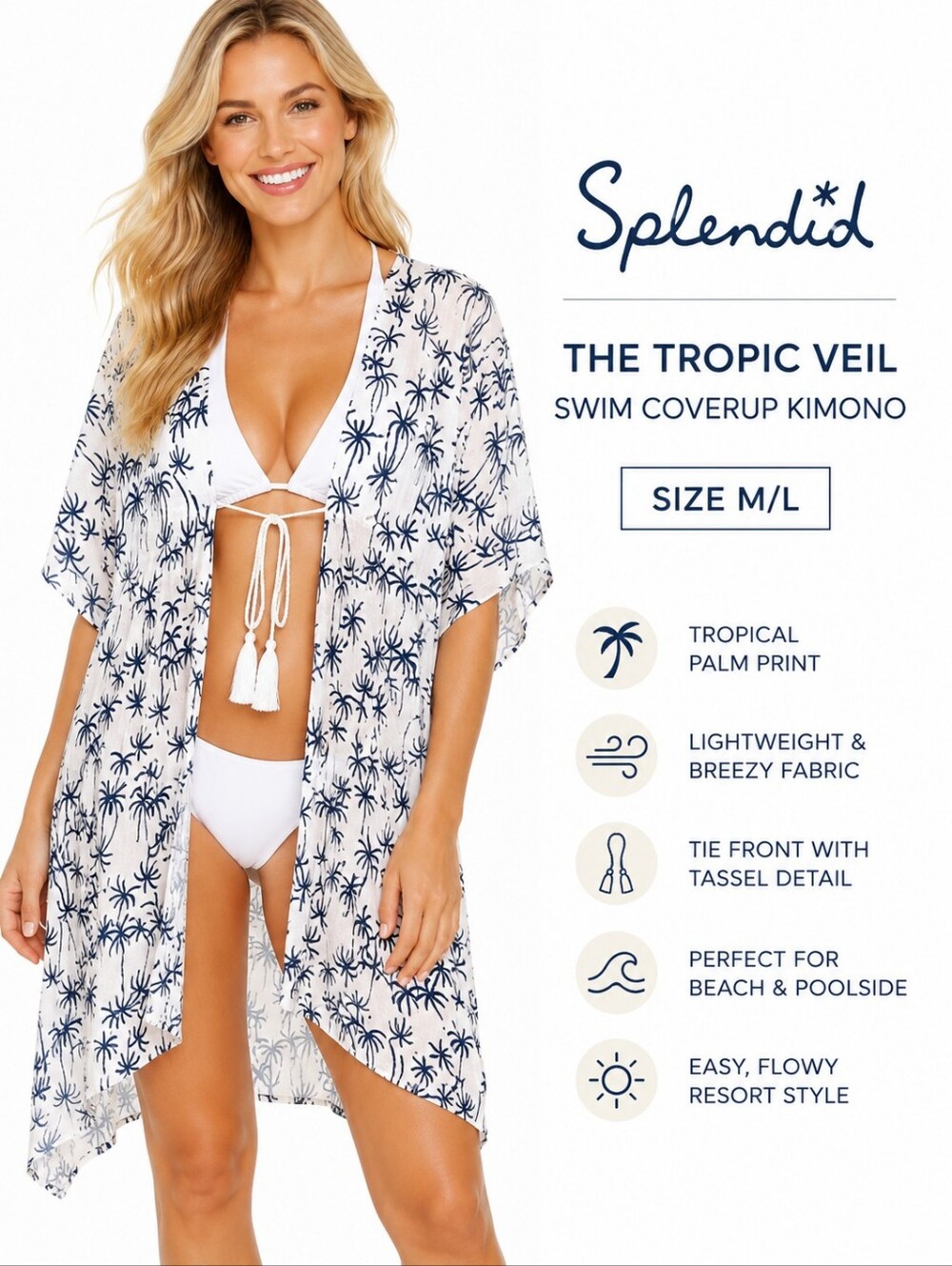 Splendid The Tropic Veil Palm Print Swim Coverup Kimono NWT M/L